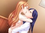  aida_takanobu arms_around_neck black_hair blonde_hair blush french_kiss game_cg hug ishigami_satsuki katakura_yuuno kiss multiple_girls saliva sono_hanabira_ni_kuchizuke_wo tongue yuri 