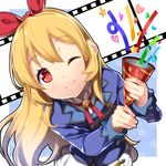  aikatsu! aikatsu!_(series) blonde_hair blush film_strip hair_ribbon hoshimiya_ichigo long_hair looking_at_viewer one_eye_closed open_mouth party_favor party_popper red_eyes ribbon smile solo yuuzii 