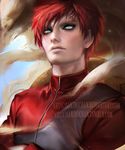  banned_artist blue_eyes crossed_arms gaara gourd looking_at_viewer male_focus naruto naruto_(series) red_hair sakimichan sand solo tattoo upper_body watermark web_address 