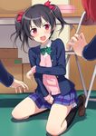  between_legs black_hair black_legwear blazer blush bow cardigan chair covering covering_crotch female_pov folding_chair hair_bow hand_between_legs hiraga_matsuri jacket kneehighs kneeling loafers looking_at_viewer love_live! love_live!_school_idol_project multiple_girls nishikino_maki open_blazer open_clothes open_jacket open_mouth otonokizaka_school_uniform out_of_frame petticoat pov pov_hands red_eyes red_hair school_uniform shoes short_hair slip_showing socks sweat tears twintails yazawa_nico 