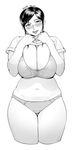  1girl belly blush bra breasts cleavage curvy highres hikaru_no_go huge_breasts looking_at_viewer milf monochrome navel orushibu panties plump shindou_mitsuko shirt_lift short_hair simple_background smile solo thick_thighs thighs transparent_background underwear white_background wide_hips 