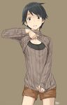  2014 alternate_costume black_bra black_eyes black_hair bra brown_background clothes_tug cowboy_shot dated flat_chest kantai_collection kawashina_(momen_silicon) looking_at_viewer meme_attire mogami_(kantai_collection) open-chest_sweater ribbed_sweater short_hair shorts simple_background solo sweater sweater_tug turtleneck underwear very_short_hair 