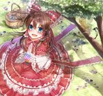  adapted_costume basket bird blue_eyes blush bow brown_hair capelet flower hair_between_eyes hair_bow hair_tubes hakurei_reimu hood hood_down little_red_riding_hood long_sleeves ribbon-trimmed_sleeves ribbon_trim shirt sitting skirt smile solo touhou tree uruha_(yw1109) wide_sleeves 