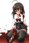  ahoge black_legwear blood brown_hair knife no_shoes panties pleated_skirt saionji_sekai school_days school_uniform shingyouji_tatsuya skirt solo thighhighs underwear white_background 