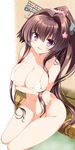  alternate_costume bikini blush bottomless breasts brown_hair cherry_blossoms cleavage covered_nipples flower hair_flower hair_ornament inuzumi_masaki kantai_collection large_breasts long_hair looking_at_viewer micro_bikini open_mouth ponytail purple_eyes sitting smile solo swimsuit very_long_hair white_bikini yamato_(kantai_collection) 