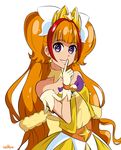  2014 amanogawa_kirara bare_shoulders bow brown_hair choker cure_twinkle earrings gloves go!_princess_precure jewelry long_hair low-tied_long_hair magical_girl multicolored_hair precure purple_eyes quad_tails red_hair signature skirt smile solo star star_earrings star_samurai streaked_hair tiara two-tone_hair white_background 