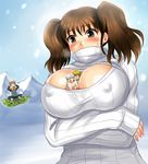  2girls between_breasts blush boots breast_grab breast_hold breasts brown_eyes brown_hair bursting_breasts cleavage cleavage_cutout closed_eyes covered_mouth crossed_arms diane_(nanatsu_no_taizai) elizabeth_liones floating giantess grabbing grabbing_from_behind hair_over_one_eye hetero king_(nanatsu_no_taizai) large_breasts long_hair meliodas meme_attire multiple_boys multiple_girls nanatsu_no_taizai open-chest_sweater open_mouth person_between_breasts pillow purple_eyes ribbed_sweater short_hair sweater tears turtleneck twintails y.ssanoha 