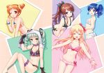  5girls :d ;p ^_^ absurdres aikatsu! aikatsu!_(series) arisugawa_otome ass bangs bead_bracelet beads bikini black_bikini black_ribbon bleed_through blonde_hair blue_eyes blue_hair blush bracelet breasts brown_hair choker cleavage closed_eyes collarbone double_bun drill_hair fang fang_out frilled_bikini frilled_choker frills gloves green_eyes green_hair hair_ribbon halterneck highres hoshimiya_ichigo huge_filesize jewelry k.y_ko kiriya_aoi leaning_forward leg_garter long_hair looking_at_viewer lowleg lowleg_bikini multiple_girls navel one_eye_closed open_mouth orange_bikini orange_eyes orange_hair pink_bikini pink_ribbon plaid plaid_background polka_dot polka_dot_background purple_eyes ribbon scan scan_artifacts scrunchie shibuki_ran side-tie_bikini side_ponytail small_breasts smile sweatdrop swept_bangs swimsuit tongue tongue_out toudou_yurika twin_drills twintails white_bikini wrist_scrunchie 