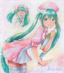  ^_^ ^o^ aqua_eyes aqua_hair artist_name bent_over closed_eyes hachune_miku hat hatsune_miku long_hair looking_at_viewer mayo_riyo multiple_girls nurse nurse_cap smile syringe thighhighs twintails very_long_hair vocaloid 