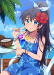  beach black_hair blue_eyes blue_hawaii bracelet coconut day drink earrings flower ganaha_hibiki hair_flower hair_ornament hibiscus hibiscus_print hiiringu idolmaster idolmaster_(classic) jewelry long_hair necklace ponytail ribbon smile solo tropical_drink 