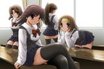  black_legwear brown_hair crossed_legs desk katou_otome koizumi_natsumi long_hair looking_at_viewer looking_back mori_kumi multiple_girls obuchi_minami pleated_skirt ponytail school_days school_uniform shingyouji_tatsuya sitting skirt smile thighhighs zettai_ryouiki 