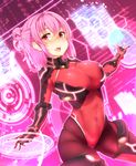  binary blush bodysuit breasts covered_navel gloves highres holographic_interface karaage_(ta-na) large_breasts looking_at_viewer open_mouth original pantyhose pink_hair red_eyes skin_tight solo 