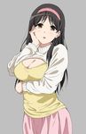  adachi_eiko amagi_brilliant_park black_hair blush breasts brown_eyes cleavage cleavage_cutout hairband hand_on_own_cheek highres large_breasts long_hair looking_at_viewer meme_attire open-chest_sweater open_mouth simple_background solo sweater turtleneck yoshiki360 