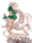  absurdres adapted_costume alternate_color backlighting bare_shoulders breasts closed_eyes dress frilled_ribbon frills front_ponytail green_hair hair_ribbon highres kagiyama_hina large_breasts profile ribbon sideboob simple_background solo touhou upper_body white_background white_dress zxmpcf 