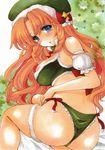  absurdres alternate_costume ass bangs bare_shoulders bed_sheet blue_eyes bra braid breasts frilled_panties frills from_behind green_bra green_panties highres hong_meiling large_breasts long_hair looking_at_viewer looking_back marker_(medium) midriff panties parted_bangs red_hair solo thighs touhou traditional_media twin_braids underwear underwear_only yurun 