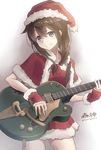  blue_eyes braid brown_hair electric_guitar gloves guitar hair_flaps hair_over_shoulder hat instrument kantai_collection looking_away morigami_(morigami_no_yashiro) red_gloves santa_costume santa_hat shigure_(kantai_collection) single_braid solo whammy_bar 