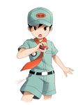  artist_name black_eyes black_hair camper_(pokemon) cowboy_shot hat looking_at_viewer male_focus noeyebrow_(mauve) open_mouth poke_ball pokemon pokemon_(game) pokemon_oras simple_background solo white_background 