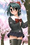  black_legwear blush bow brown_eyes cherry_blossoms green_hair hair_bow kiyoura_setsuna pleated_skirt school_days school_uniform shingyouji_tatsuya short_hair skirt solo thighhighs tree zettai_ryouiki 