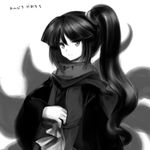  adagumo_no_yaorochi androgynous anmita_(rarutos) bad_id bad_twitter_id detached_sleeves expressionless grey_eyes greyscale hakama japanese_clothes len'en long_hair monochrome multiple_tails ponytail scarf side_ponytail snake_tail solo tail weapon 