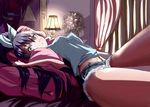  :&lt; airi_rei antenna_hair black_hair blue_eyes breasts cutoffs denim denim_shorts ganaha_hibiki hair_ribbon idolmaster idolmaster_(classic) long_hair looking_at_viewer lying navel on_back on_bed pillow ponytail ribbon short_shorts shorts small_breasts solo thighs very_long_hair 