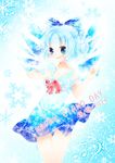  1girl :d \m/ alternate_costume blue_eyes blue_hair blush bow cirno colored_eyelashes dress hair_bow ice ice_wings musical_note open_mouth smbrly smile snowflakes solo touhou wings 