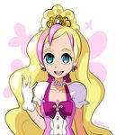  2014 blonde_hair blue_eyes bow choker cure_flora dated earrings eyebrows gloves go!_princess_precure hair_bun haruno_haruka jewelry long_hair magical_girl multicolored_hair pink_bow pink_hair precure ribbon signature smile solo star_samurai streaked_hair thick_eyebrows two-tone_hair white_background 