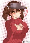  :q alternate_breast_size ayumu_(ayumu3659) bad_id bad_pixiv_id breast_suppress breasts cleavage kantai_collection large_breasts long_hair meme_attire open-chest_sweater ribbed_sweater ryuujou_(kantai_collection) simple_background sleeves_past_wrists smirk solo sweater tongue tongue_out twintails visor_cap 