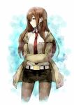  absurdres belt blue_eyes brown_hair highres jacket legwear_under_shorts long_hair makise_kurisu necktie pantyhose pout puyo red_neckwear shorts solo steins;gate 