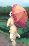  black_hair blush boots from_behind monorus parasol parasol_lady_(pokemon) pokemon pokemon_(game) pokemon_oras raincoat rubber_boots smile solo umbrella walking 