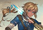  arrow blonde_hair blue_eyes commentary cutting_hair gloves kawacy link male_focus pointy_ears severed_hair solo the_legend_of_zelda the_legend_of_zelda:_breath_of_the_wild 