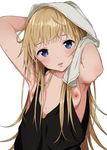  arms_up bad_anatomy bad_id bad_twitter_id blonde_hair blue_eyes blush breasts long_hair looking_at_viewer nipple_slip nipples original parted_lips shinjiro sidelocks simple_background small_breasts solo sweat tank_top towel upper_body white_background 