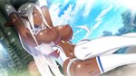  arms_behind_head bdsm bondage bound breasts cloud dark_elf dark_skin day dutch_angle elf ellelecia game_cg large_breasts lens_flare long_hair ma-ko_hunter munashi_mujou nipples pointy_ears purple_eyes sitting sky thighhighs torn_clothes tree white_hair 