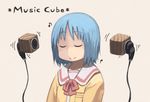  blue_hair closed_eyes english hair_cubes hair_down hair_ornament hair_ornament_removed headphones musical_note naganohara_mio nichijou nishimura_(prism_engine) school_uniform short_hair smile solo tokisadame_school_uniform 