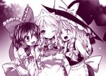  alcohol ascot bottle bow braid coca-cola detached_sleeves hair_bow hair_tubes hakurei_reimu hat izayoi_sakuya kirisame_marisa kuresento long_hair maid maid_headdress monochrome multiple_girls one_eye_closed open_mouth ribbon sake sake_bottle short_hair smile touhou twin_braids witch_hat 