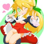  1girl blonde_hair blush_stickers boots breasts breasts_outside cello_(20000) double_v dress dress_lift female green_eyes hair_ribbon happy heart holding holding_panties jumping long_hair nipples no_panties one_eye_closed open_clothes open_mouth panties ponytail pussy ribbon rockman rockman_(classic) roll smile solo thighs uncensored underwear v wink 