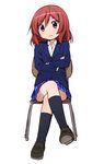  :&lt; blazer closed_mouth crossed_arms crossed_legs full_body jacket kneehighs loafers looking_at_viewer love_live! love_live!_school_idol_project miyako_hito nishikino_maki otonokizaka_school_uniform purple_eyes red_hair school_uniform shoes simple_background sitting solo v-shaped_eyebrows white_background 