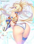  1girl arched_back ass back bangs bare_shoulders bikini blonde_hair blue_bikini blue_eyes blush bradamante_(fate/grand_order) braid breasts curvy elbow_gloves fate/grand_order fate_(series) french_braid gloves hair_ornament hips hong_(white_spider) huge_ass large_breasts long_hair looking_at_viewer looking_back shiny shiny_hair solo swimsuit thick_thighs thigh_strap thighs twintails two-tone_bikini very_long_hair white_bikini wide_hips 