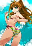  ass bikini brown_hair cameltoe fingernails from_behind green_eyes hino_akane_(idolmaster) idolmaster idolmaster_cinderella_girls long_hair looking_back multicolored multicolored_stripes ponytail sawamura_hikaru side-tie_bikini smile solo strap_gap striped striped_bikini swimsuit trefoil 