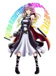  alvares blonde_hair boots brown_hair cape dress full_body gradient_hair highres hijiri_byakuren long_hair long_sleeves multicolored_hair pigeon-toed purple_hair smile solo sorcerer's_sutra_scroll touhou white_background yellow_eyes 