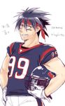  black_hair cosplay football_helmet gloves grin headwear_removed helmet helmet_removed houston_texans inohara_masato jj_watt jj_watt_(cosplay) little_busters! national_football_league satomi_yoshitaka short_hair smile spiked_hair 