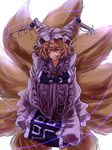  :q blonde_hair breasts fox_tail hands_in_opposite_sleeves hat highres large_breasts multiple_tails namuko seiza sitting tabard tail tongue tongue_out touhou wide_sleeves yakumo_ran yellow_eyes 