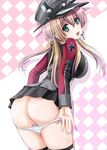 :d ass blonde_hair green_eyes hat highres kantai_collection long_hair looking_at_viewer open_mouth panties panty_pull prinz_eugen_(kantai_collection) pussy shiroi_noria smile solo thighhighs twintails underwear white_panties 