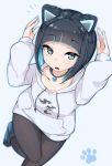  1girl animal_ears arms_up bangs bell bell_collar black_hair black_legwear blue_eyes blue_legwear cat_ears cat_paw collar collar_bone commentary_request dot_nose eyebrows_visible_through_hair foot_out_of_frame highres hood hood_down hoodie jovejun knee_up long_sleeves looking_at_viewer mizushima_aoi_(virtual_youtuber) open_mouth pantyhose paws short_hair simple_background solo virtual_youtuber white_background white_hoodie 