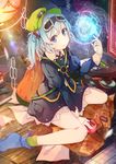  :o backpack bag benio_(dontsugel) blue_eyes blue_hair blueprint blur glowing goggles goggles_on_head hair_bobbles hair_ornament hat highres kawashiro_nitori lens_flare long_hair looking_at_viewer magic revision sitting solo touhou two_side_up wariza wide-eyed 