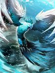  blizzard feathered_wings genzoman glowing glowing_eyes ice no_humans official_art phoenix signature solforge talons wings 