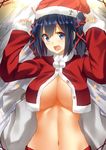  alternate_costume arms_up blue_eyes blue_hair breasts christmas_tree cleavage covered_nipples crop_top crop_top_overhang hat highres isshiki_(ffmania7) kantai_collection large_breasts looking_at_viewer midriff navel partially_undressed paw_pose santa_costume santa_hat short_hair short_twintails solo souryuu_(kantai_collection) stomach twintails 