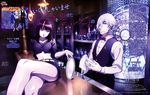  2girls absurdres arm_behind_back arm_support bangs bar bare_legs bartender belt black_hair blue_eyes blunt_bangs bottle bow bowtie braid brick_wall buttons character_name character_profile counter crop_top crossed_arms crossed_legs cup dark_skin death_parade decim_(death_parade) dress_shirt drinking_glass earrings foreshortening frown ginti hair_over_one_eye hair_over_shoulder hand_on_hip highres holding indoors jewelry kurokami_no_onna leaning_back legs liang_boya lights lipstick long_hair long_sleeves low_ponytail magazine_scan makeup midriff miniskirt multicolored_hair multiple_boys multiple_girls navel necklace nona_(death_parade) official_art on_counter page_number pants pencil_skirt pendant ponytail purple_eyes red_hair reflection sandals scan shirt shoes short_hair short_ponytail single_braid sitting skirt sleeves_rolled_up slender_waist spiked_hair stained_glass standing suspenders text_focus towel tray two-tone_hair vest white_hair white_shirt wing_collar yellow_eyes 