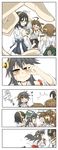  balancing_on_head bare_shoulders black_hair blush book brown_hair commentary_request cup detached_sleeves glasses hachiman_(douno) hair_ornament hairband hand_up haruna_(kantai_collection) headgear hiei_(kantai_collection) highres hitting holding holding_book holding_hands japanese_clothes kantai_collection kirishima_(kantai_collection) kongou_(kantai_collection) long_hair looking_back multiple_girls nontraditional_miko object_on_head open_mouth sarashi skirt teacup tears tray wiping_tears 