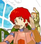  2boys afro cosmo_yuki densetsu_kyojin_ideon food lowres multiple_boys pilot_suit red_hair sarmatamra tekuno_gyabari 