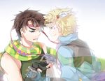  blonde_hair blue_eyes blue_jacket brown_hair caesar_anthonio_zeppeli facial_mark feathers fingerless_gloves ghost gloves hair_feathers headband jacket jewelry jojo_no_kimyou_na_bouken joseph_joestar_(young) multiple_boys ring scarf striped striped_scarf tears trudy0816 